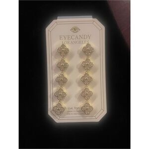 Gold Clover Drop Earrings with Crystals - Sparkly